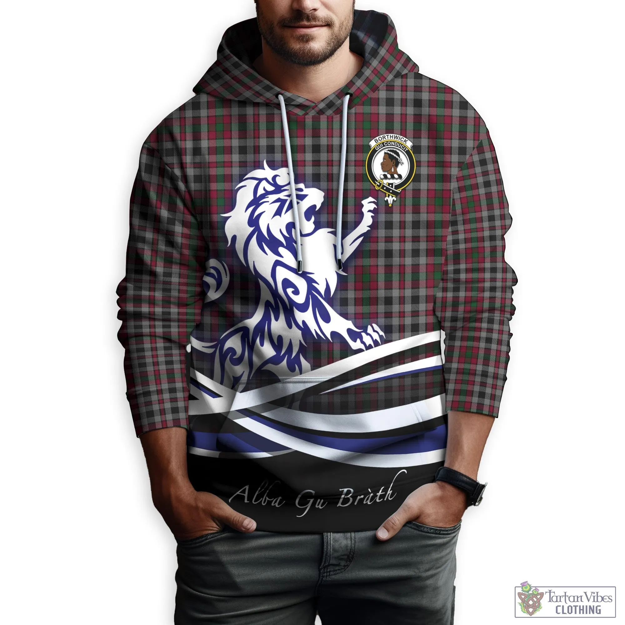 Borthwick Tartan Hoodie with Alba Gu Brath Regal Lion Emblem