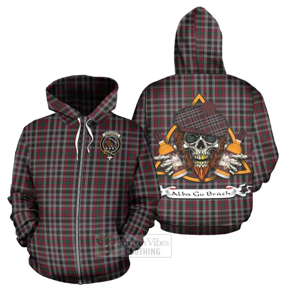 Borthwick Tartan Hoodie with Family Crest and Bearded Skull Holding Bottles of Whiskey