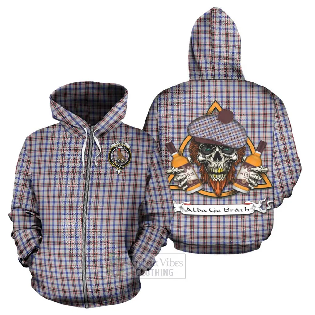 Boswell Tartan Hoodie with Family Crest and Bearded Skull Holding Bottles of Whiskey