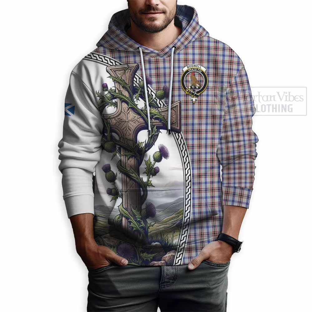 Boswell Tartan Hoodie with Family Crest and St. Andrew's Cross Accented by Thistle Vines