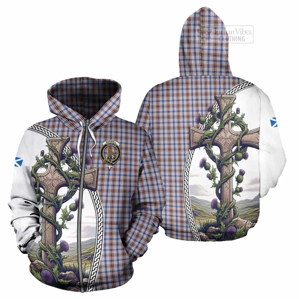 Boswell Tartan Hoodie with Family Crest and St. Andrew's Cross Accented by Thistle Vines