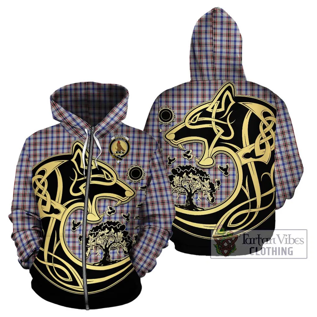 Boswell Tartan Hoodie with Family Crest Celtic Wolf Style