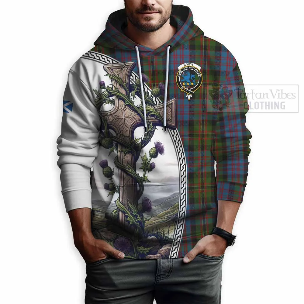 Bowie Tartan Hoodie with Family Crest and St. Andrew's Cross Accented by Thistle Vines