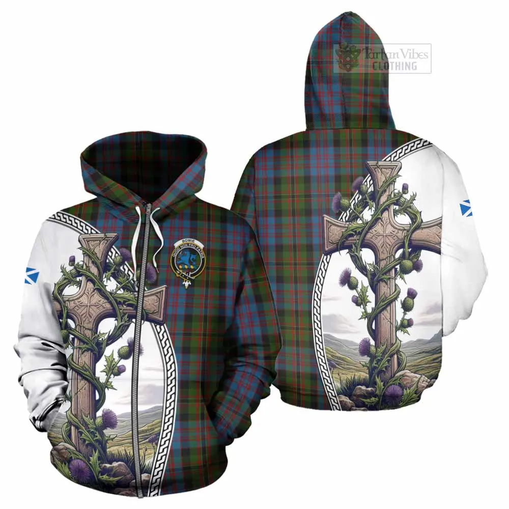 Bowie Tartan Hoodie with Family Crest and St. Andrew's Cross Accented by Thistle Vines