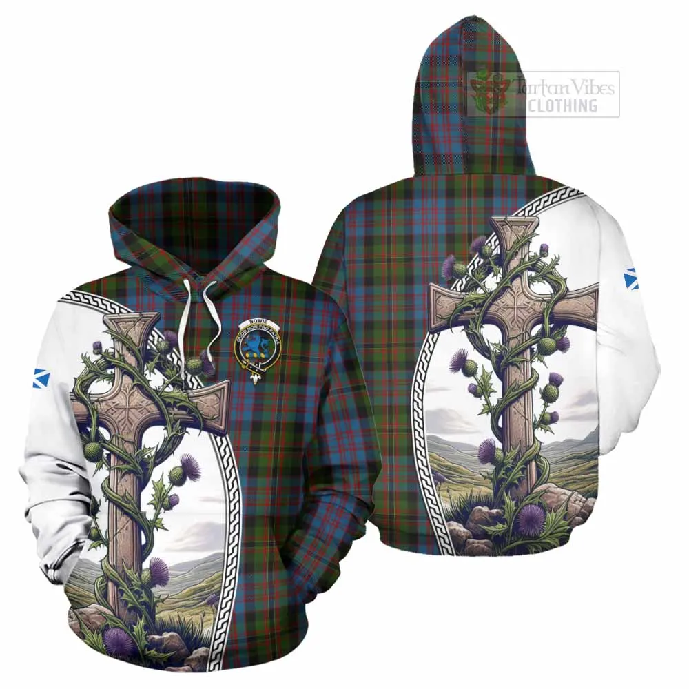 Bowie Tartan Hoodie with Family Crest and St. Andrew's Cross Accented by Thistle Vines