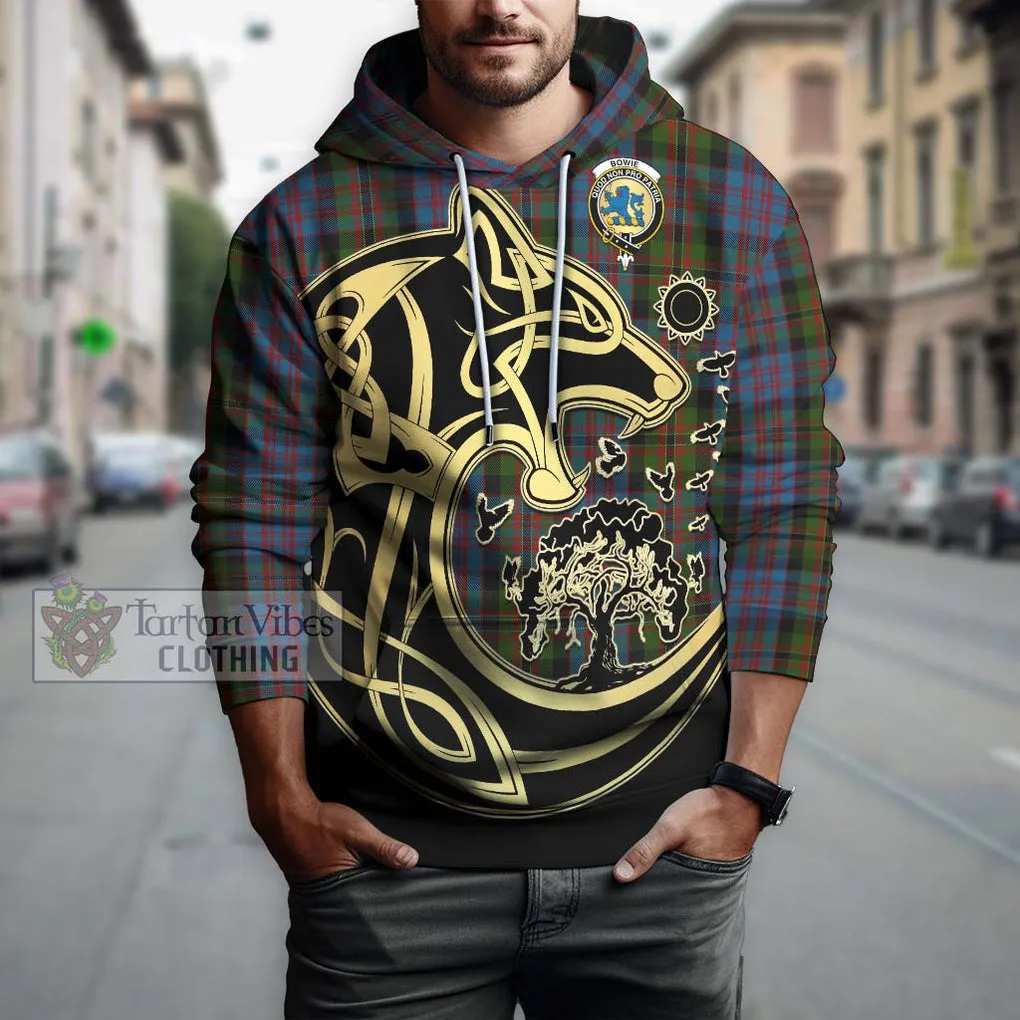 Bowie Tartan Hoodie with Family Crest Celtic Wolf Style