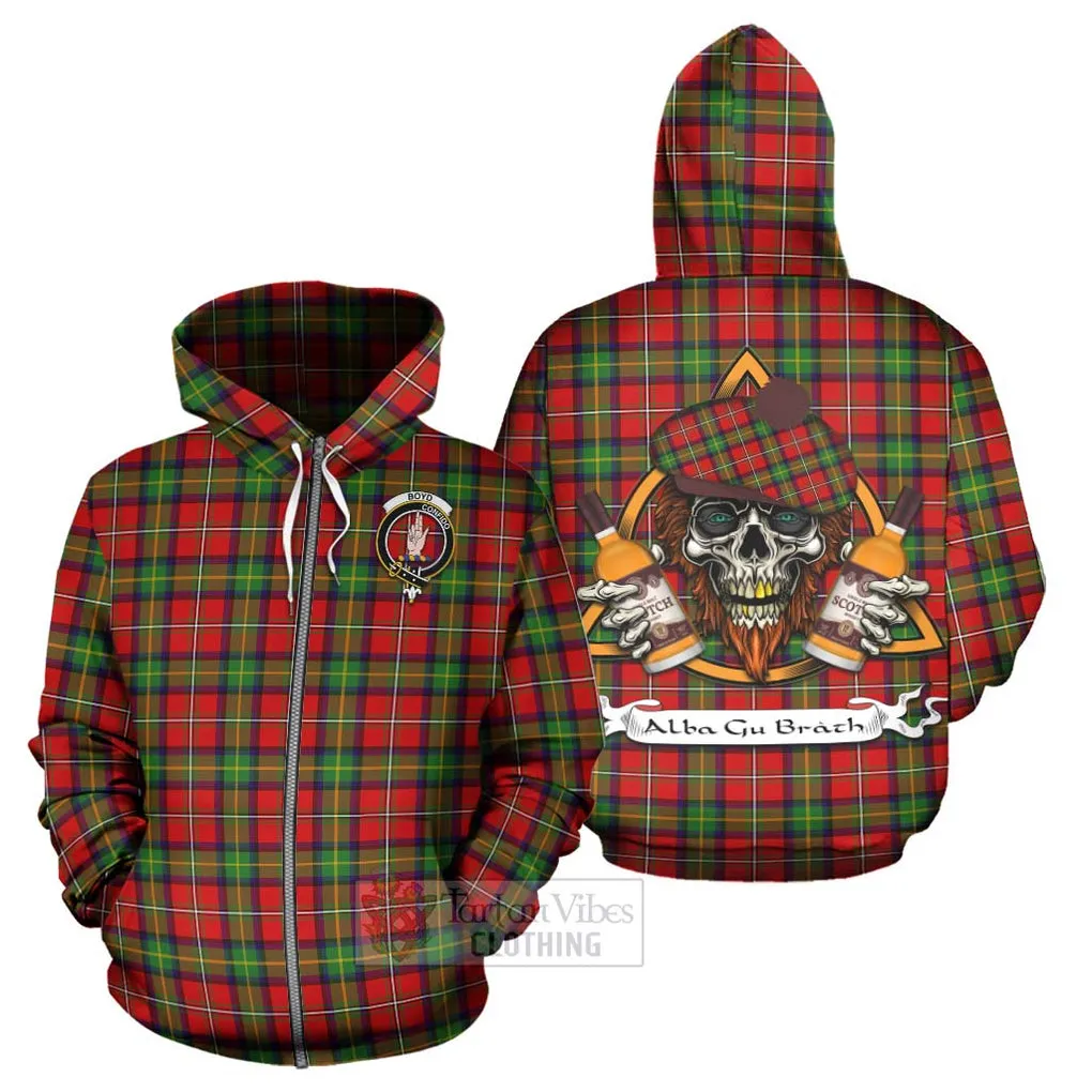 Boyd Tartan Hoodie with Family Crest and Bearded Skull Holding Bottles of Whiskey