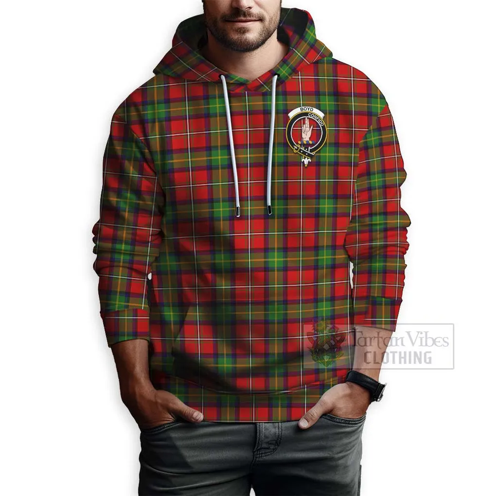 Boyd Tartan Hoodie with Family Crest and Bearded Skull Holding Bottles of Whiskey