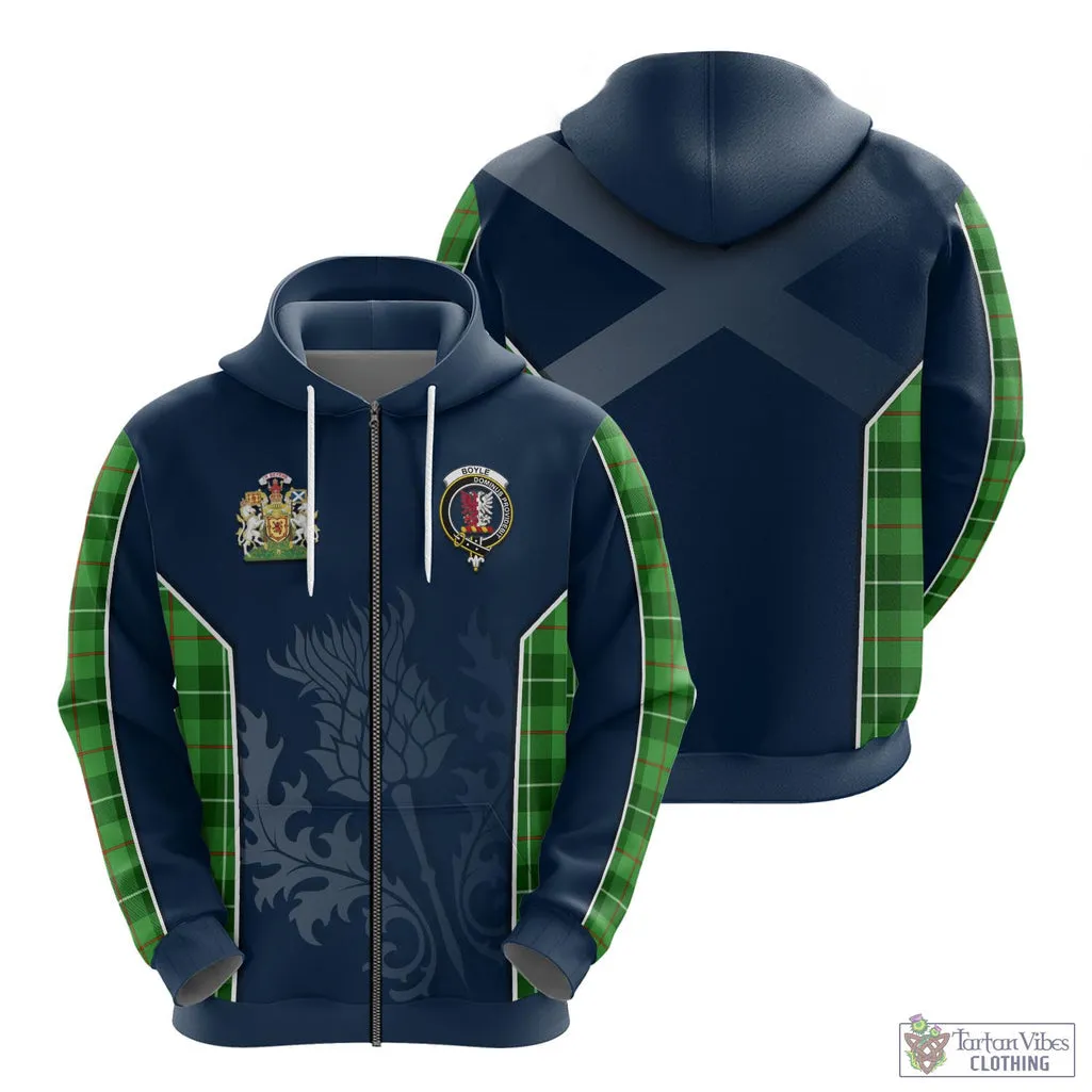 Boyle Tartan Hoodie with Family Crest and Scottish Thistle Vibes Sport Style