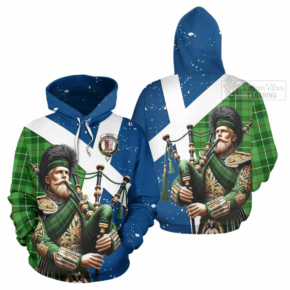 Boyle Tartan Hoodie with Family Crest Scottish Bagpiper Vibes