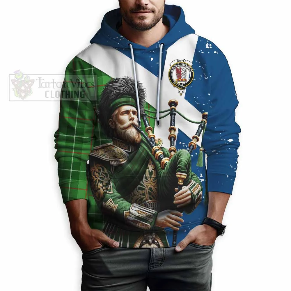 Boyle Tartan Hoodie with Family Crest Scottish Bagpiper Vibes