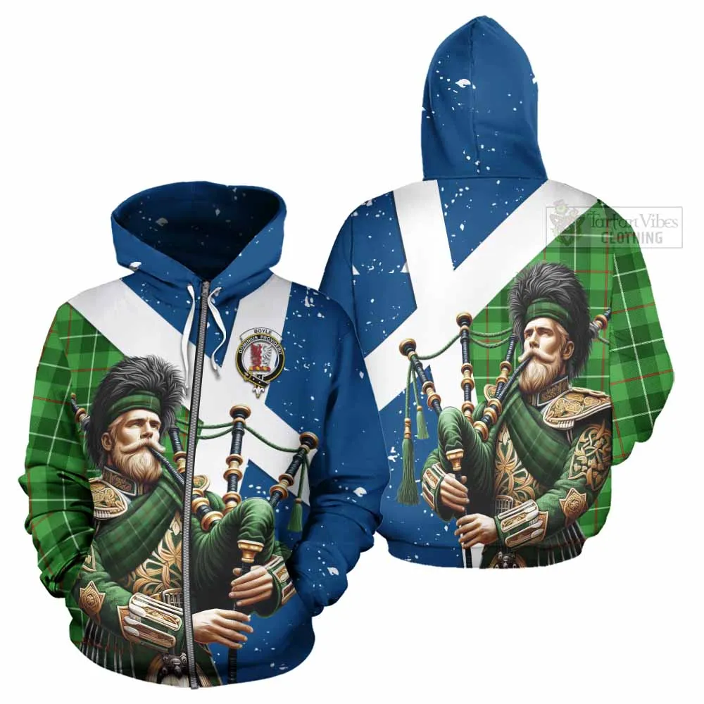 Boyle Tartan Hoodie with Family Crest Scottish Bagpiper Vibes