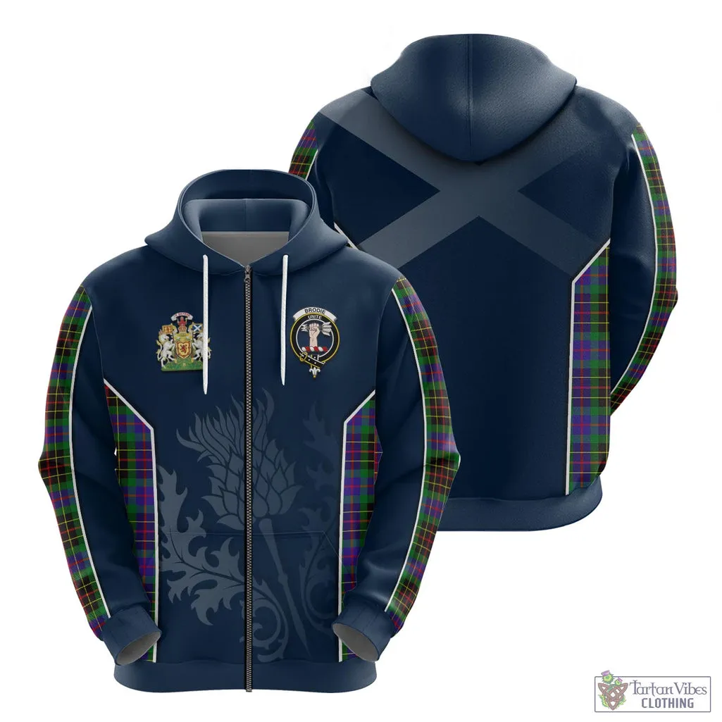 Brodie Hunting Modern Tartan Hoodie with Family Crest and Scottish Thistle Vibes Sport Style