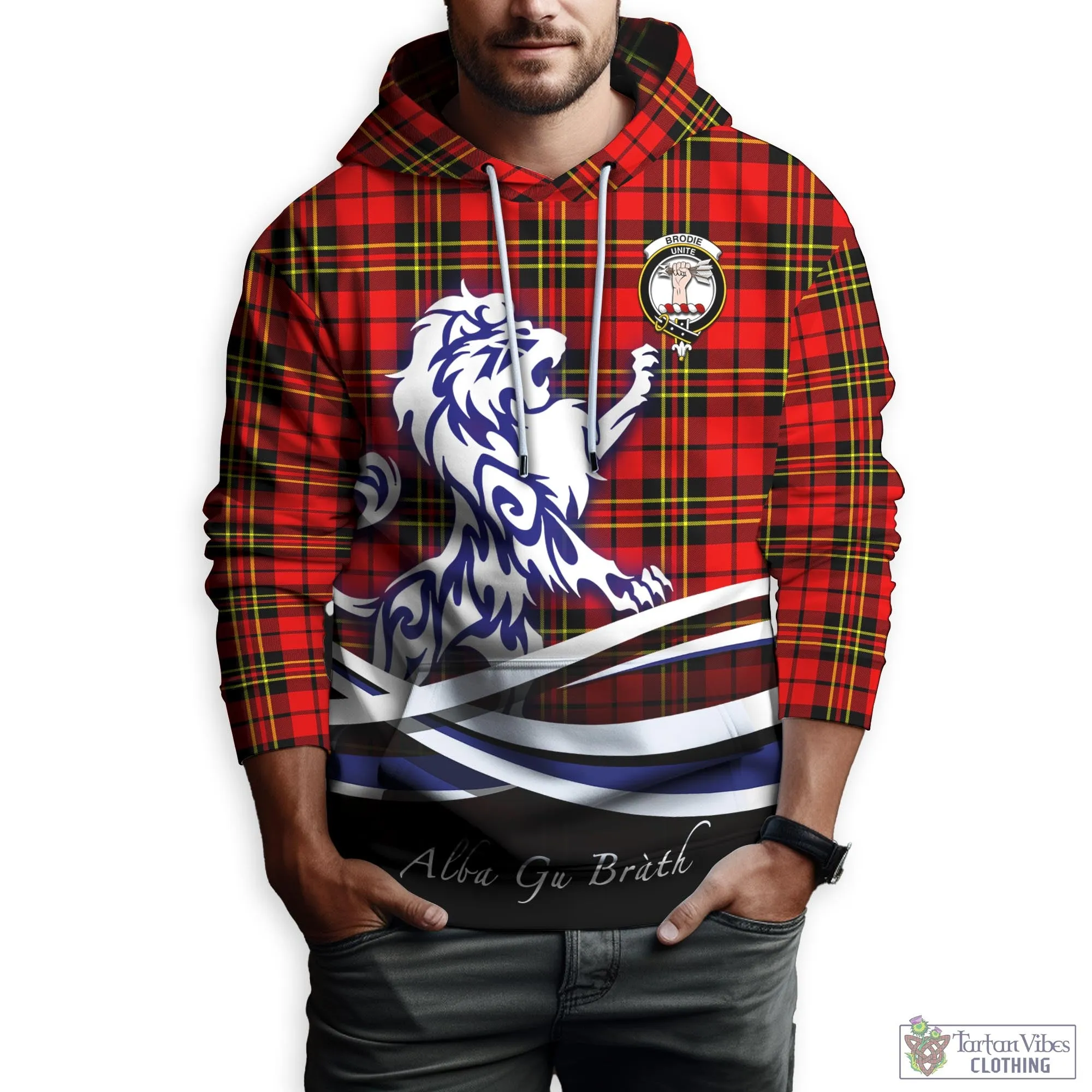 Brodie Modern Tartan Hoodie with Alba Gu Brath Regal Lion Emblem