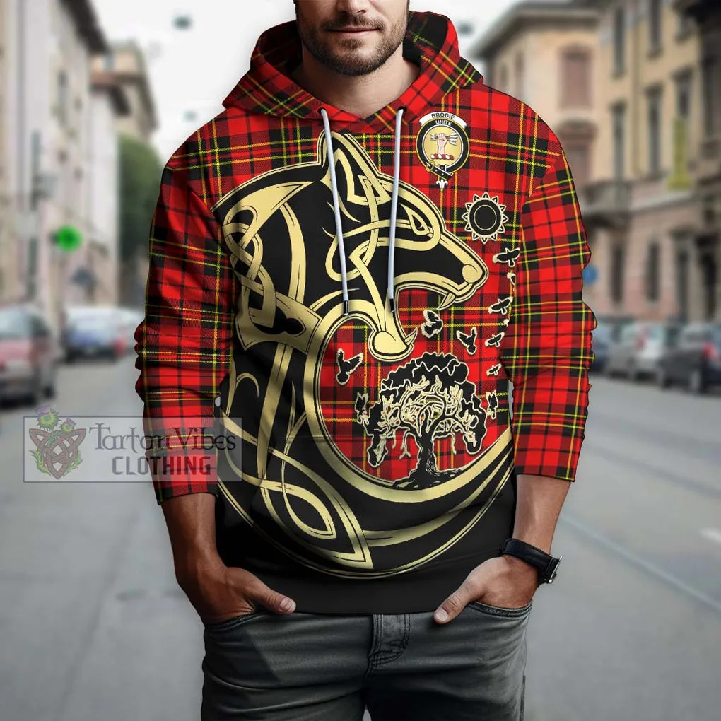 Brodie Modern Tartan Hoodie with Family Crest Celtic Wolf Style