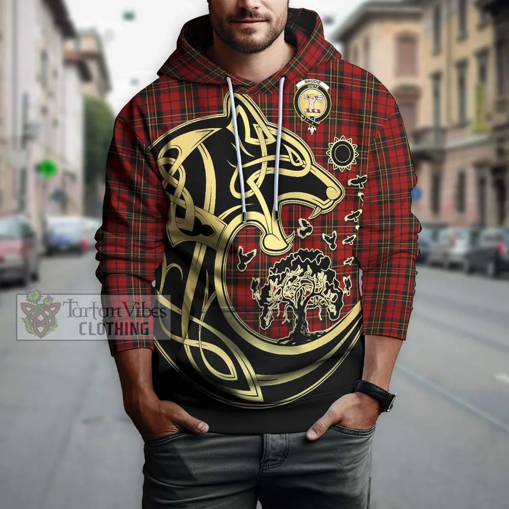 Brodie Tartan Hoodie with Family Crest Celtic Wolf Style