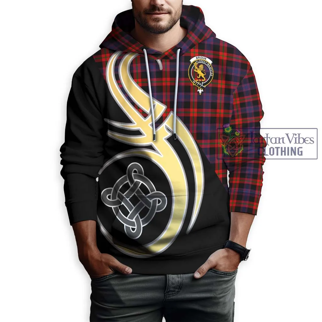 Broun Modern Tartan Hoodie with Family Crest and Celtic Symbol Style