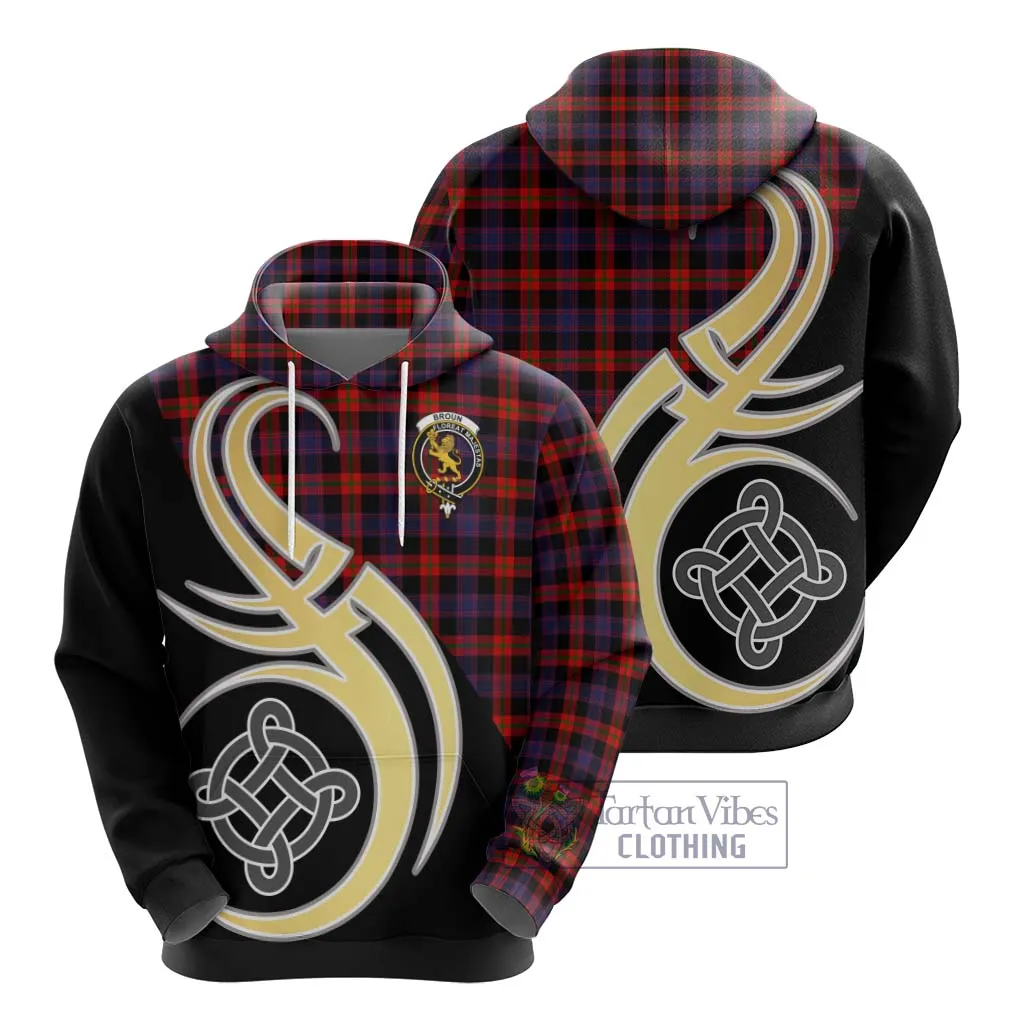 Broun Modern Tartan Hoodie with Family Crest and Celtic Symbol Style