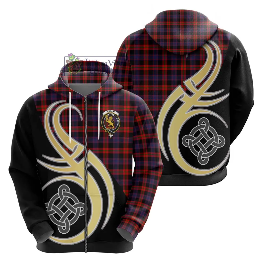 Broun Modern Tartan Hoodie with Family Crest and Celtic Symbol Style