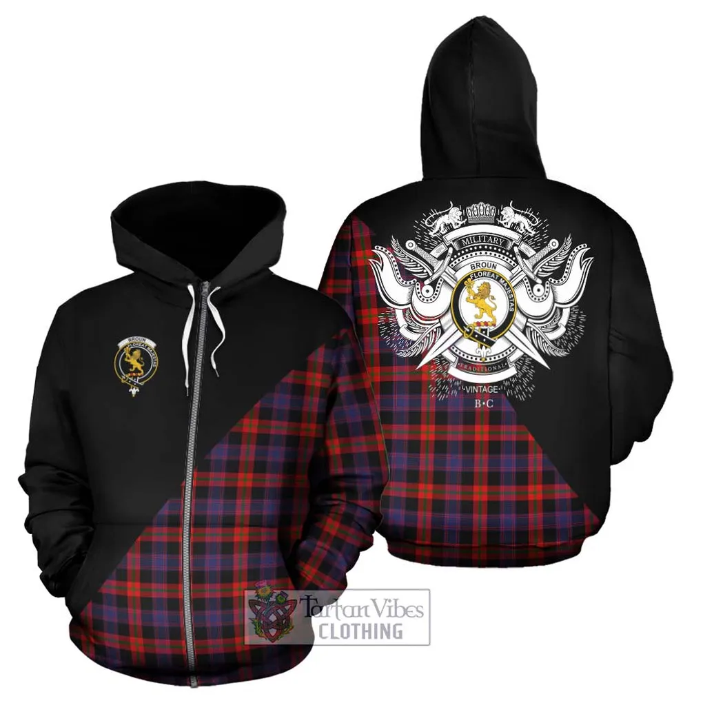 Broun Modern Tartan Hoodie with Family Crest and Military Logo Style