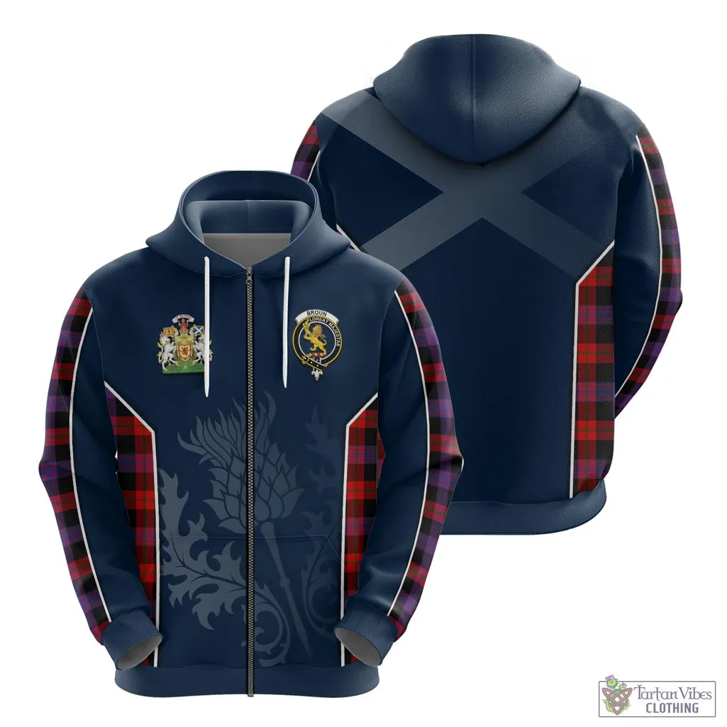 Broun Modern Tartan Hoodie with Family Crest and Scottish Thistle Vibes Sport Style