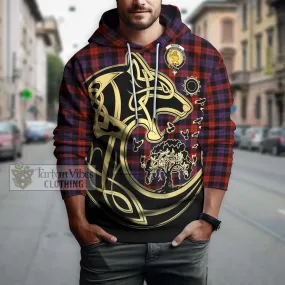 Broun Modern Tartan Hoodie with Family Crest Celtic Wolf Style