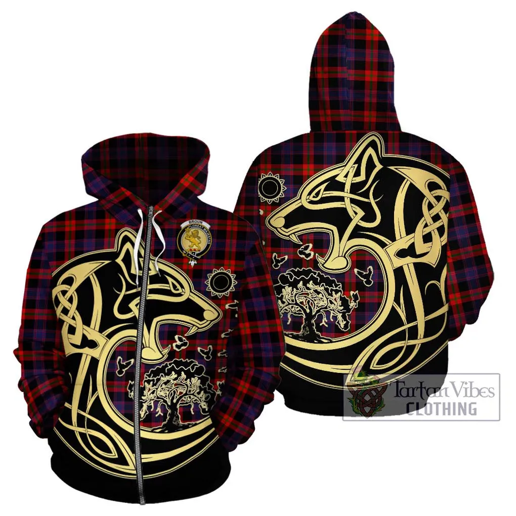 Broun Modern Tartan Hoodie with Family Crest Celtic Wolf Style