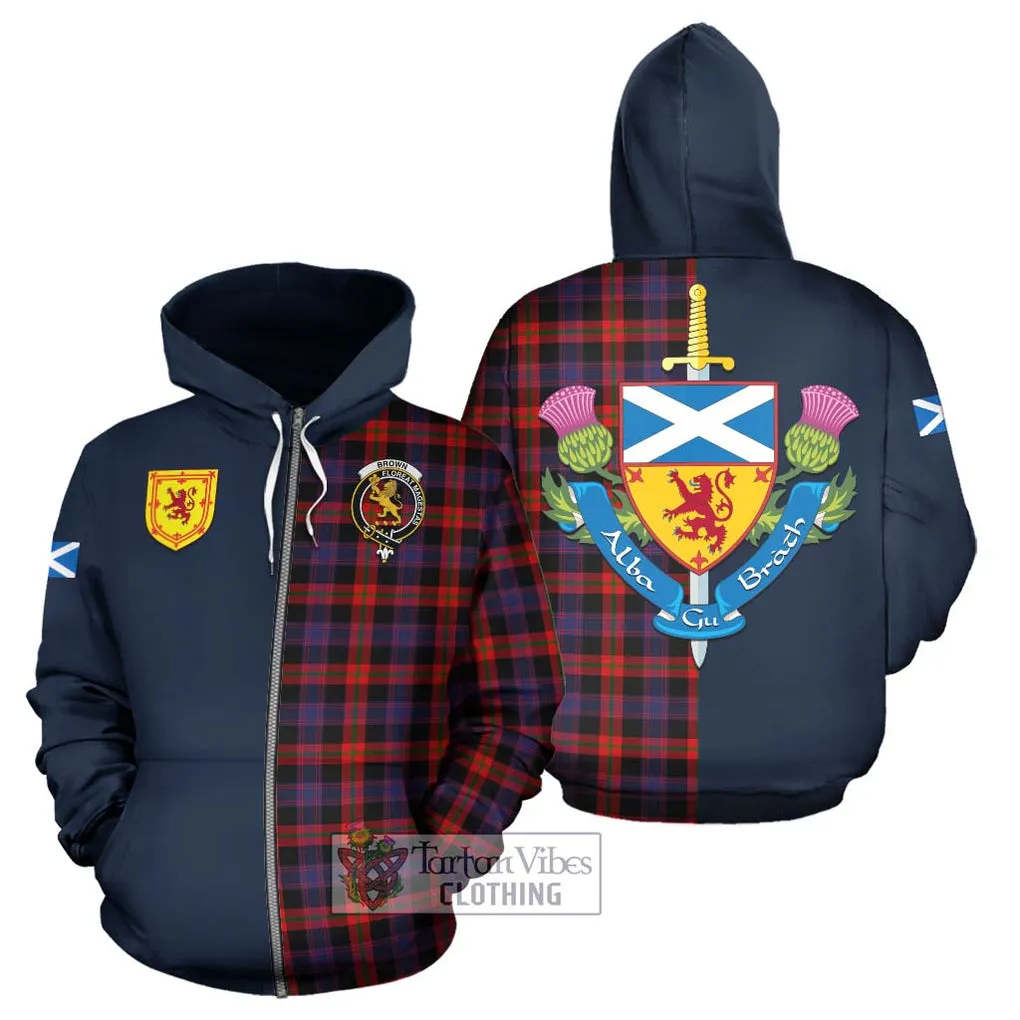 Brown (Broun) Tartan Hoodie Alba with Scottish Lion Royal Arm Half Style