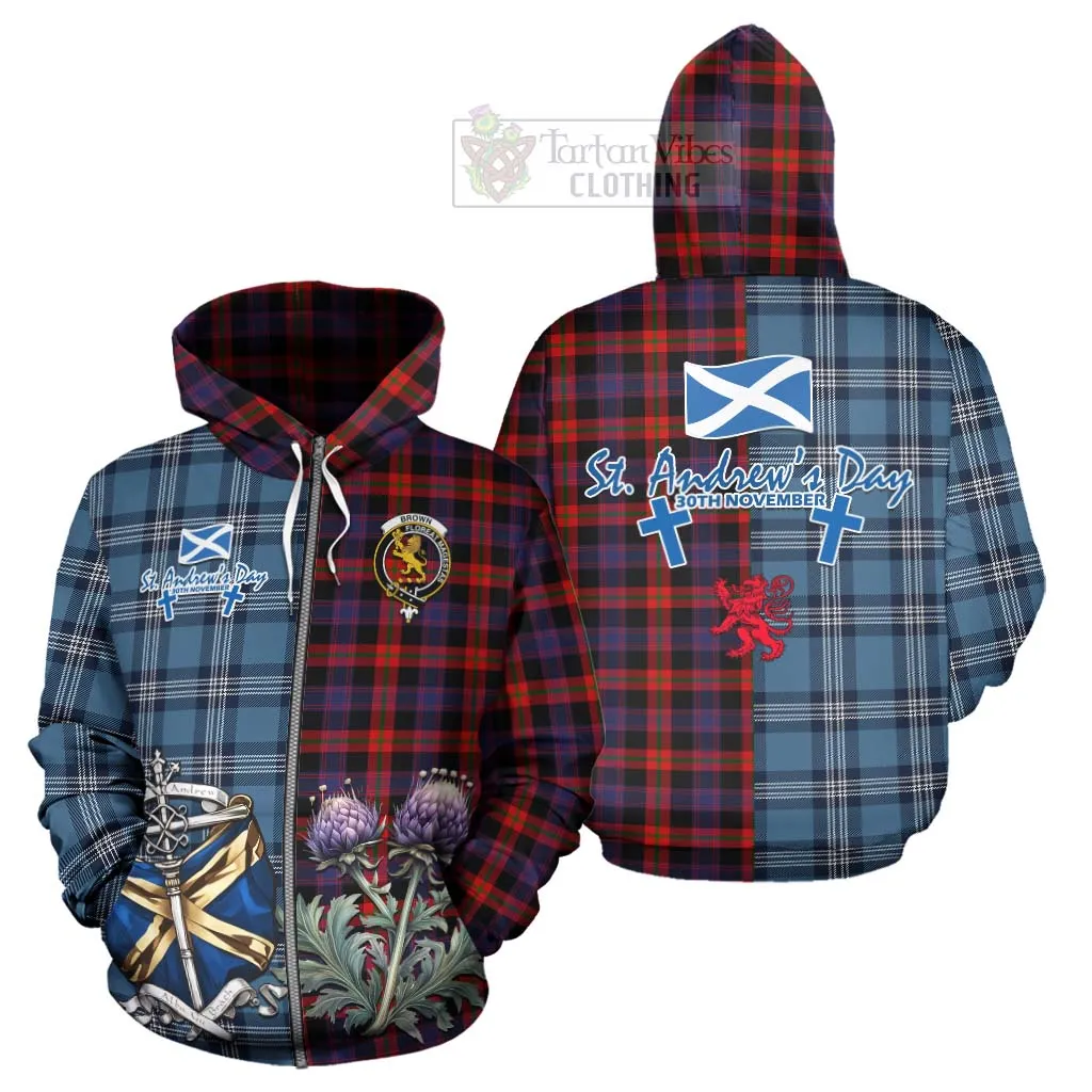 Brown (Broun) Tartan Hoodie Happy St. Andrew's Day Half Tartan Style