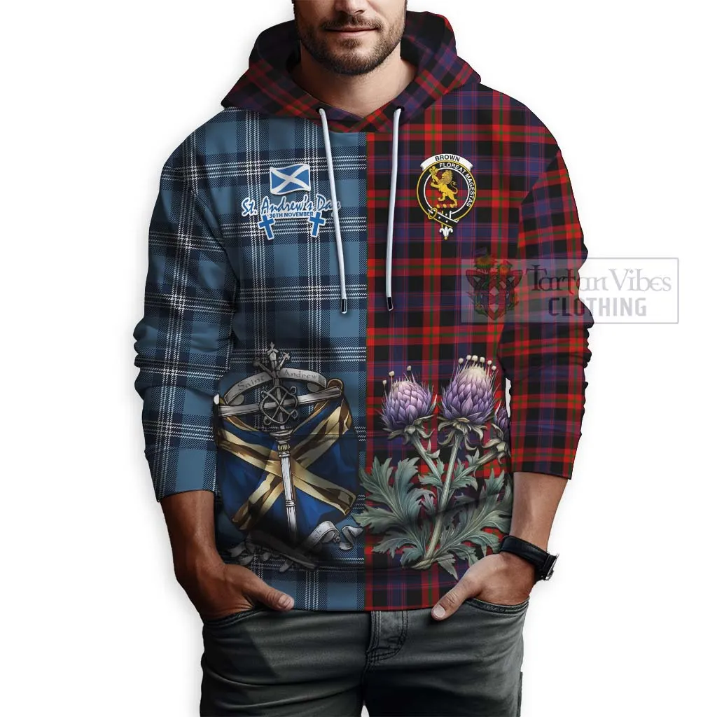 Brown (Broun) Tartan Hoodie Happy St. Andrew's Day Half Tartan Style