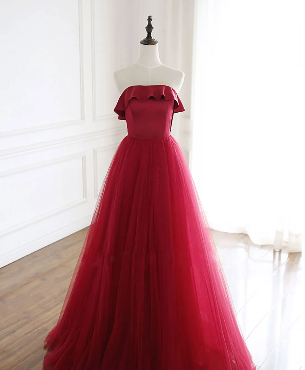 Burgundy Tulle Long Prom Dress, A line Burgundy Formal Party Dress