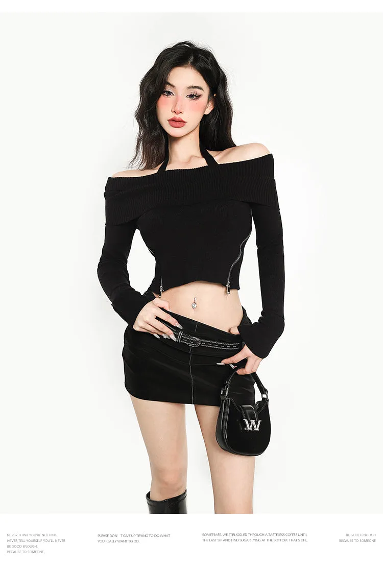 Carlie Halter Off The Shoulder Ribbed Long Sleeve Cropped Top