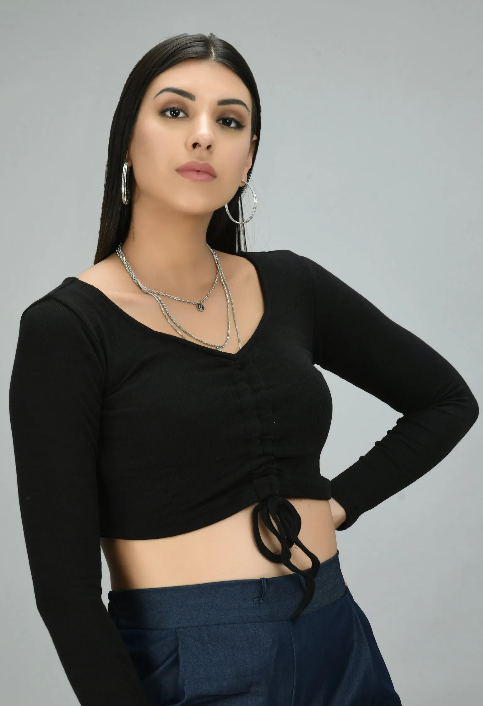 Casual Black Drawstring Lycra Top