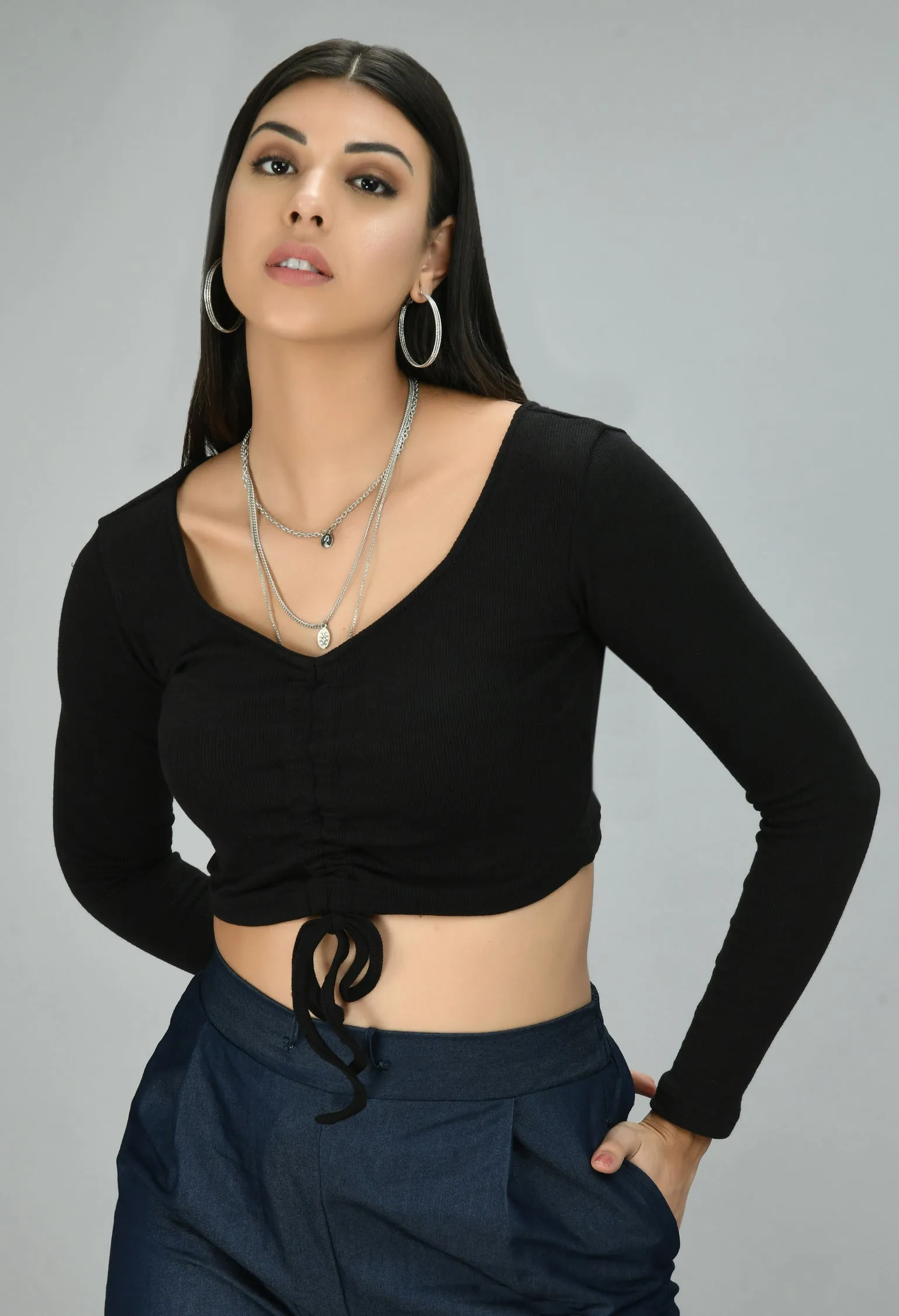 Casual Black Drawstring Lycra Top