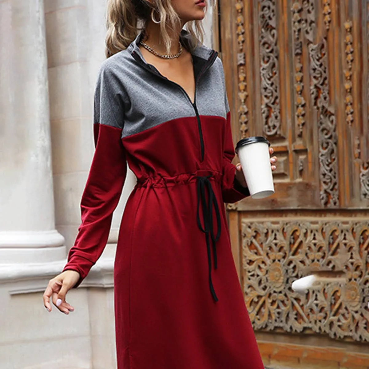 CASUAL COLOR CONTRAST SPLIT HOODIE DRESS_CWDSD4338