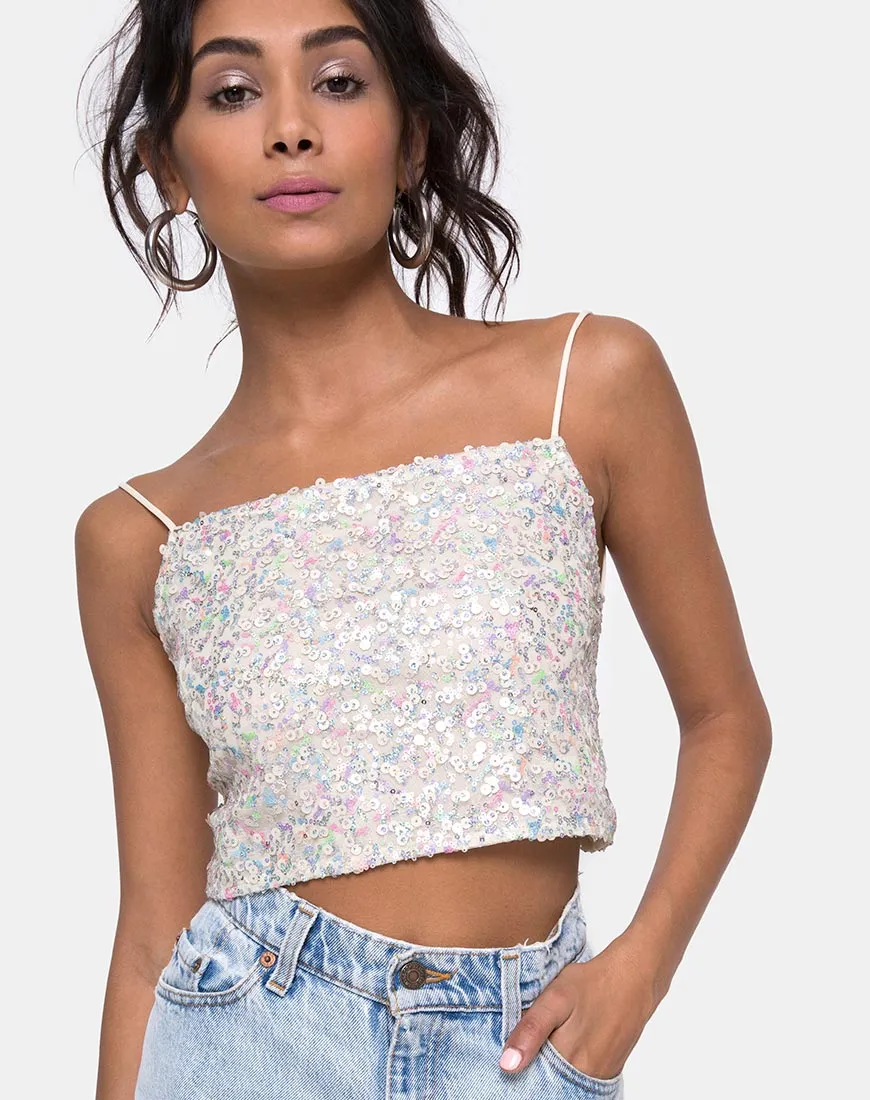 Chantik Crop Top in Confetti Sequin Irisdescent White