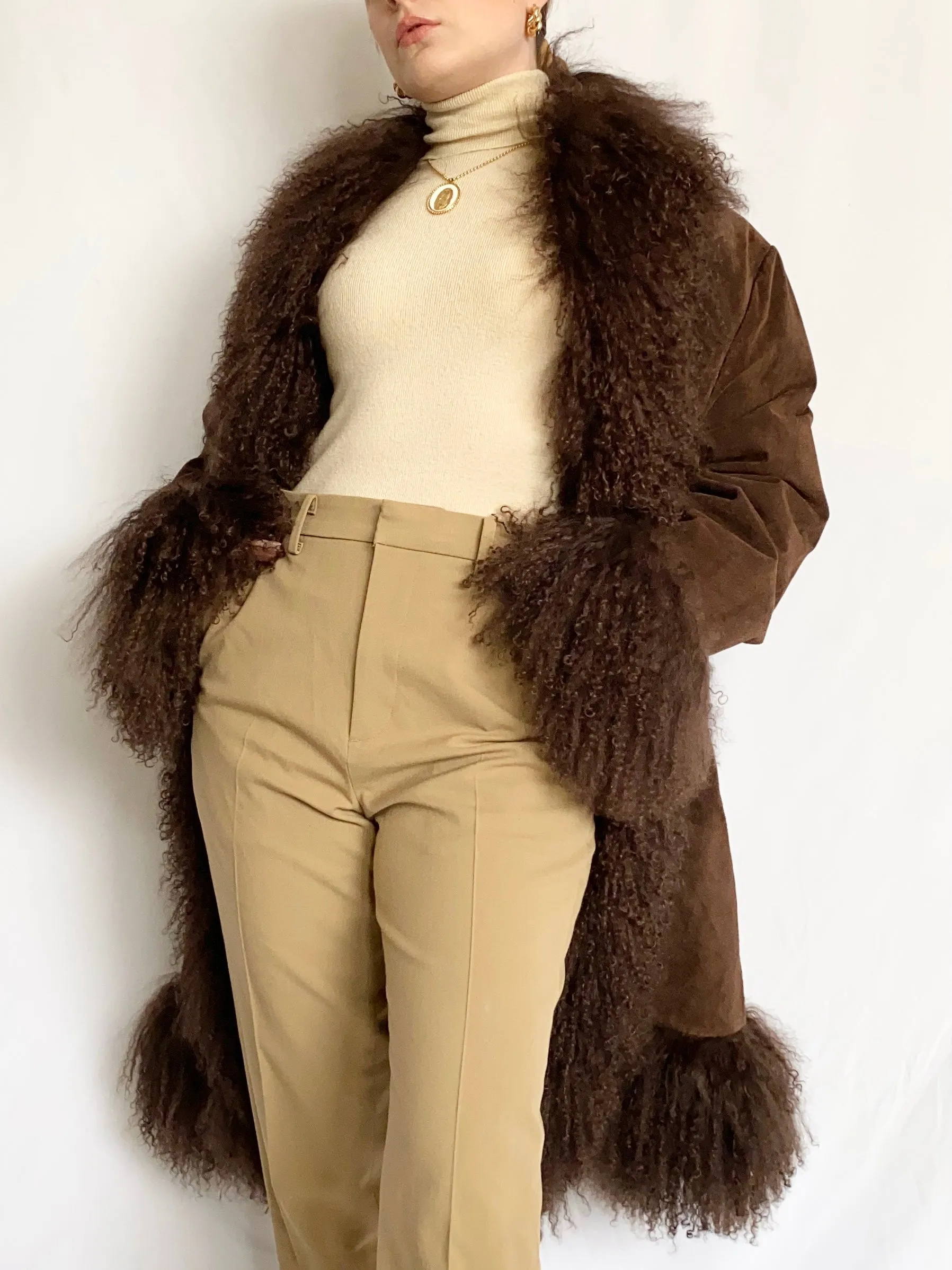 Chocolate Penny Lane Shaggy Mongolian Trim Coat (XL)