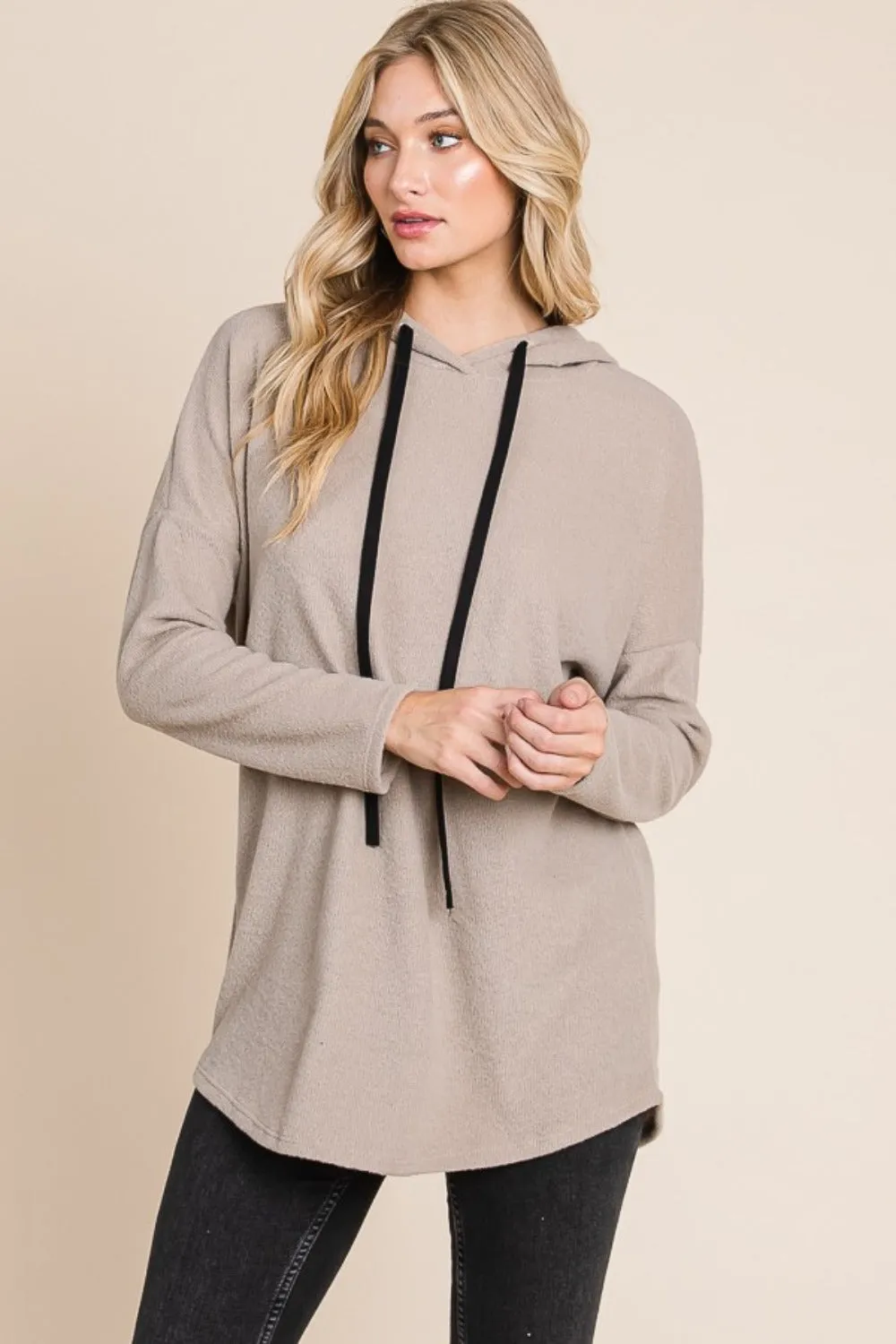 Contrast Drawstring Drop Shoulder Knit Hoodie