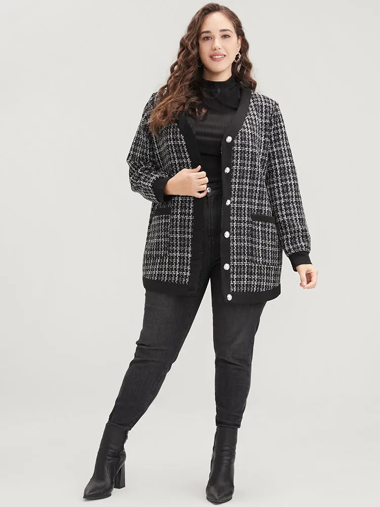 Contrast Trim Pocket Button Up Plaid Tweed Coat