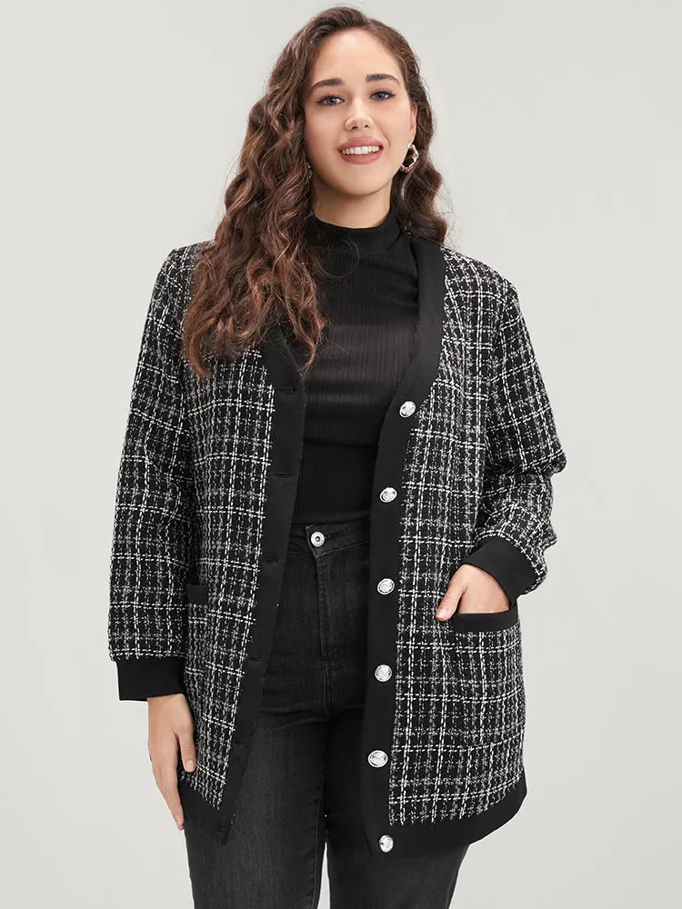 Contrast Trim Pocket Button Up Plaid Tweed Coat