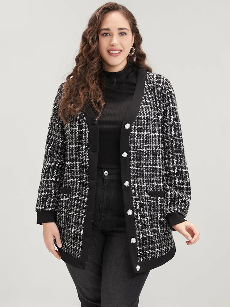 Contrast Trim Pocket Button Up Plaid Tweed Coat