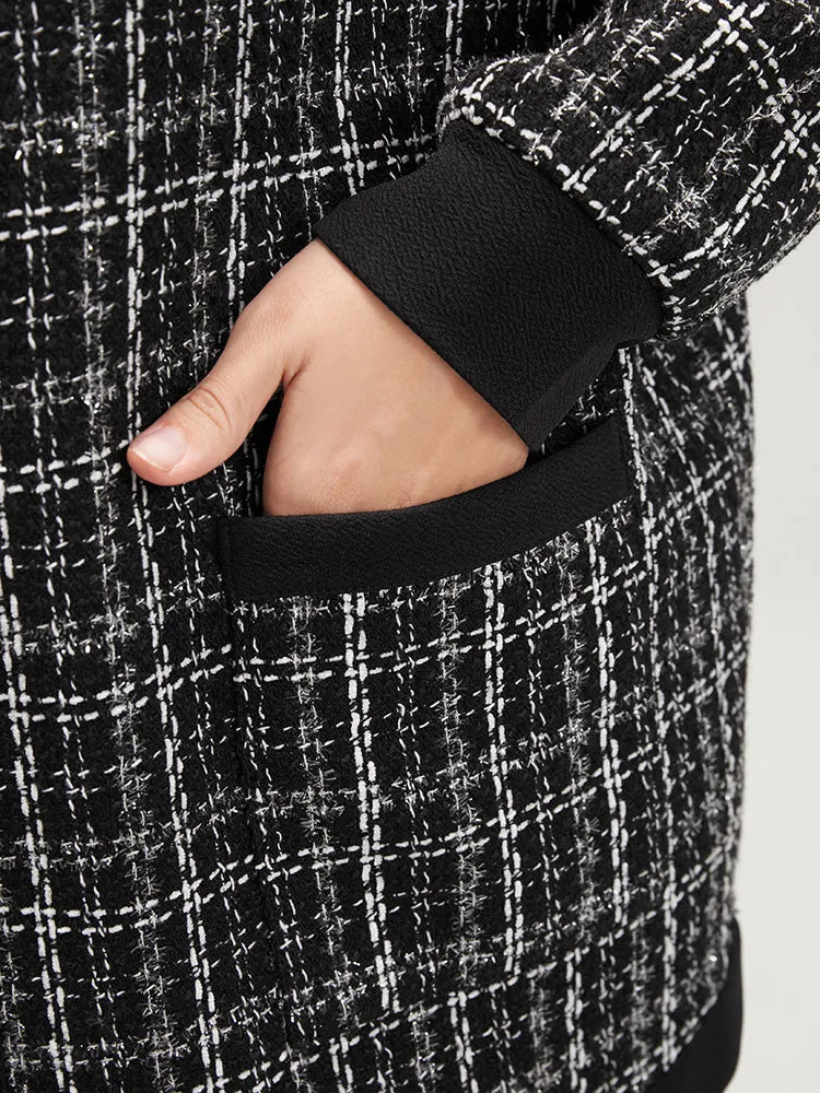 Contrast Trim Pocket Button Up Plaid Tweed Coat