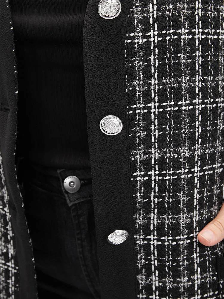 Contrast Trim Pocket Button Up Plaid Tweed Coat