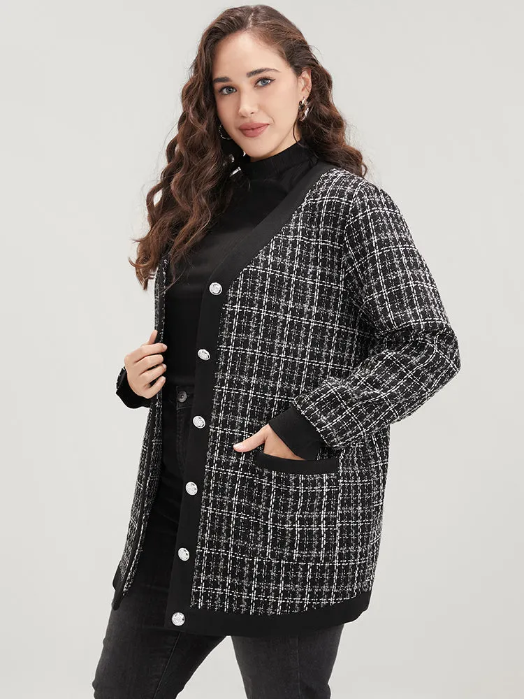 Contrast Trim Pocket Button Up Plaid Tweed Coat