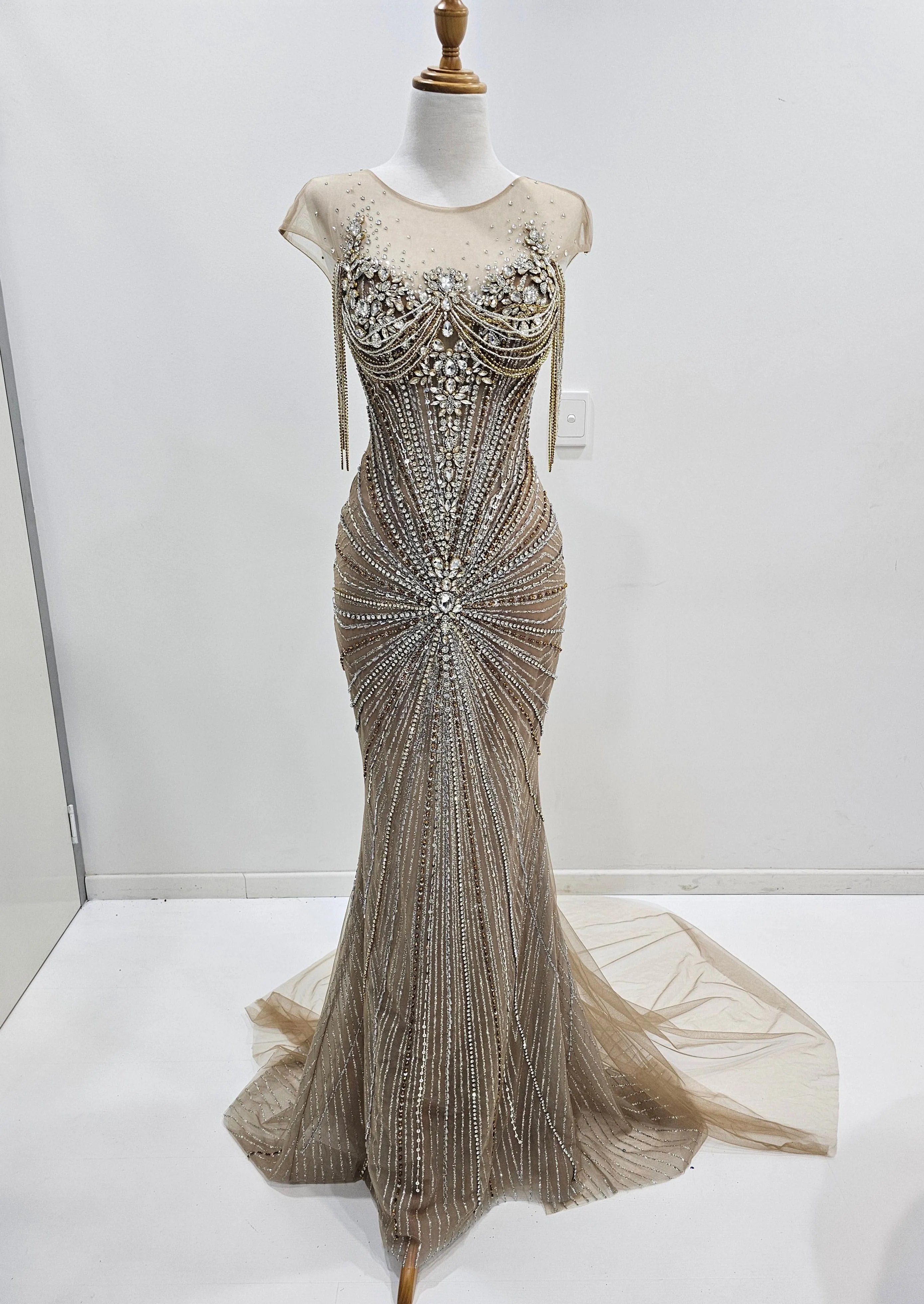 Deep tan crystal mermaid dress for hire