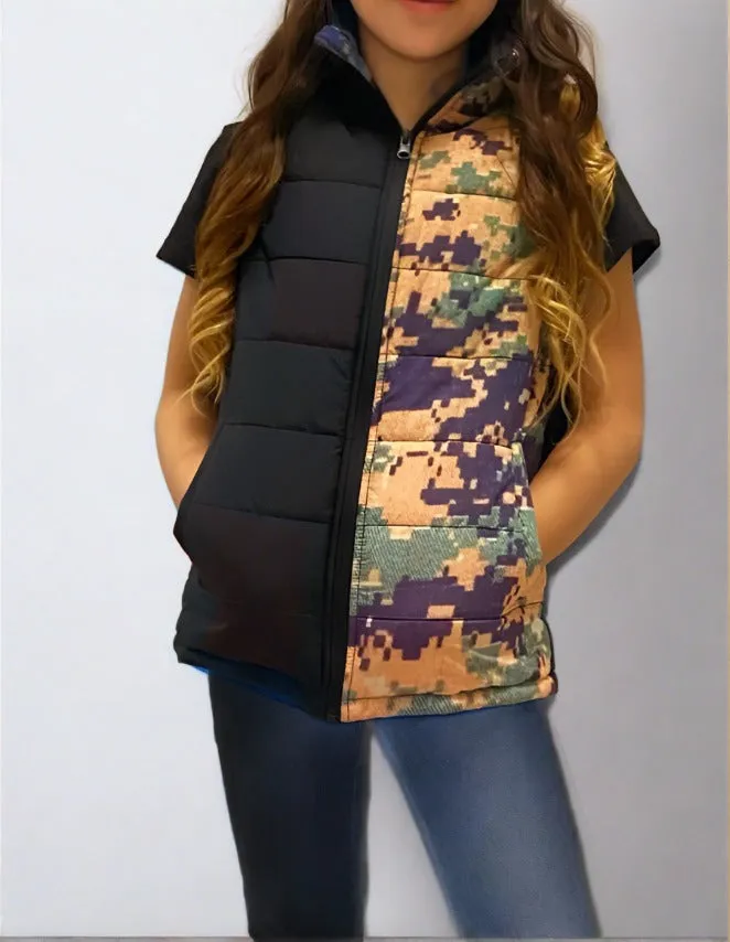 Digital Camo American Flag Puffer Juniors Womens Vest