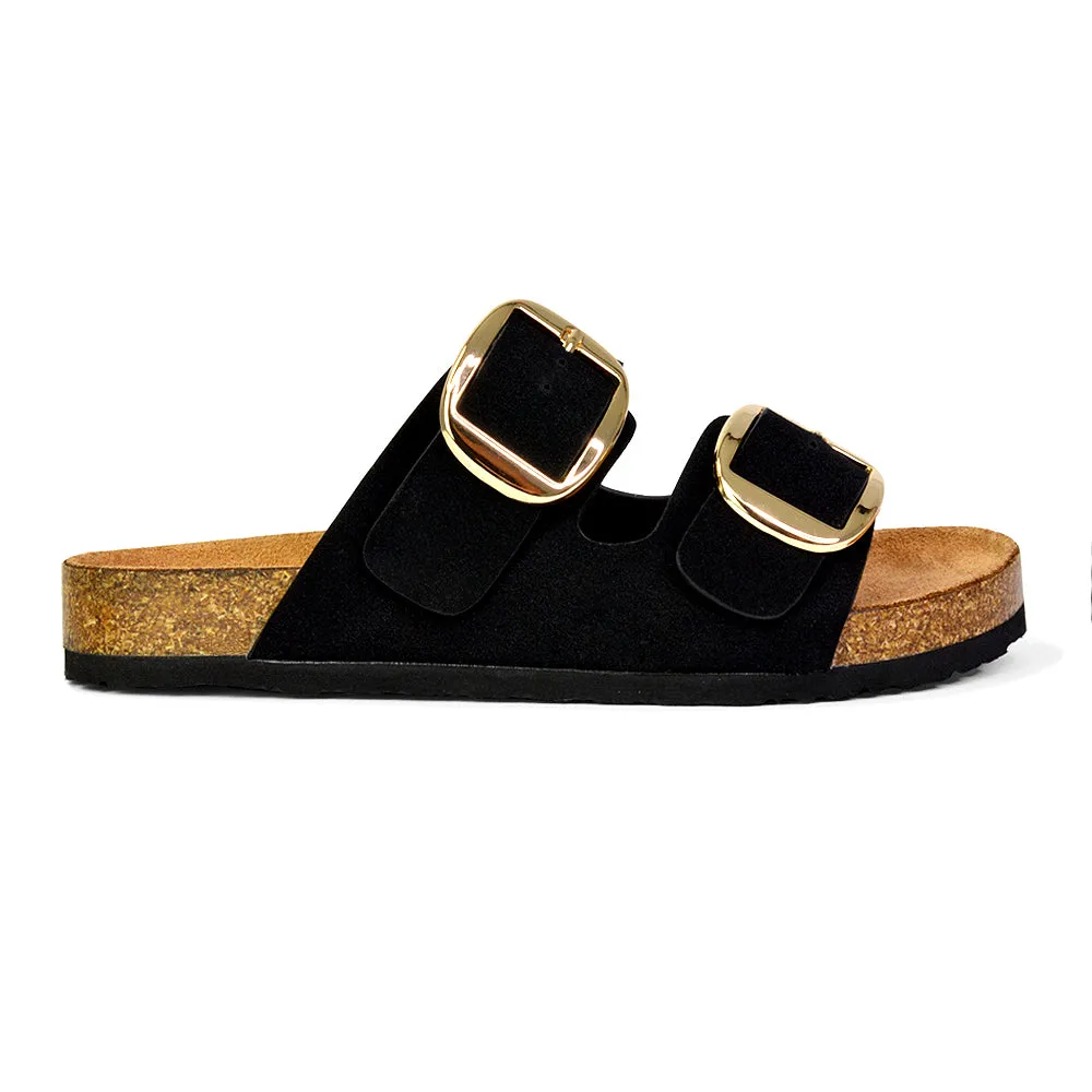 Dolly Slip On Sliders Statement Double Buckle Up Flat Sandals in Black