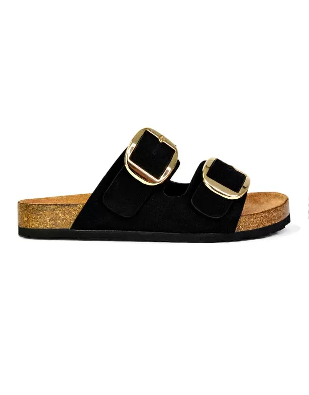 Dolly Slip On Sliders Statement Double Buckle Up Flat Sandals in Black