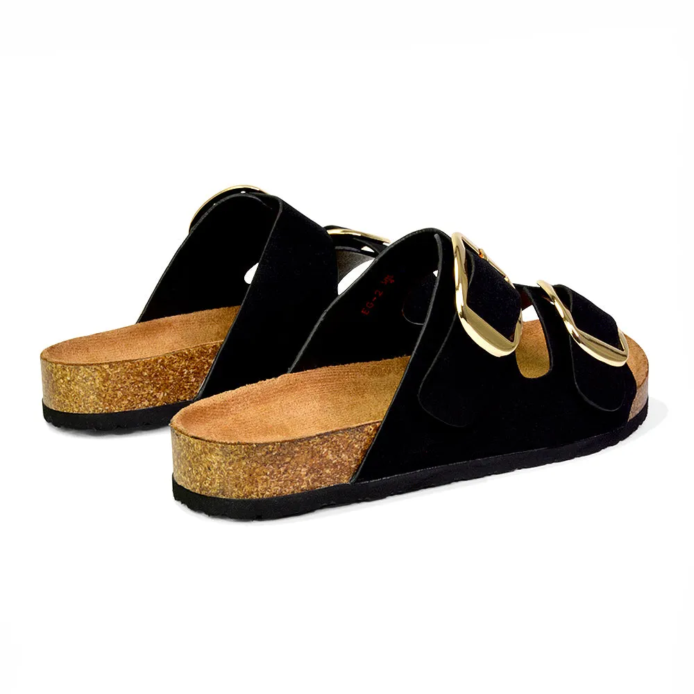 Dolly Slip On Sliders Statement Double Buckle Up Flat Sandals in Black