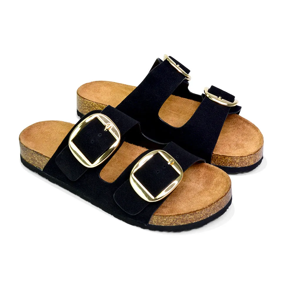 Dolly Slip On Sliders Statement Double Buckle Up Flat Sandals in Black